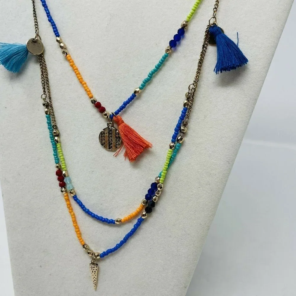 G by Gennaro 3 Strand Seed Bead with Fringe Layered Statement Fashion Necklace‎